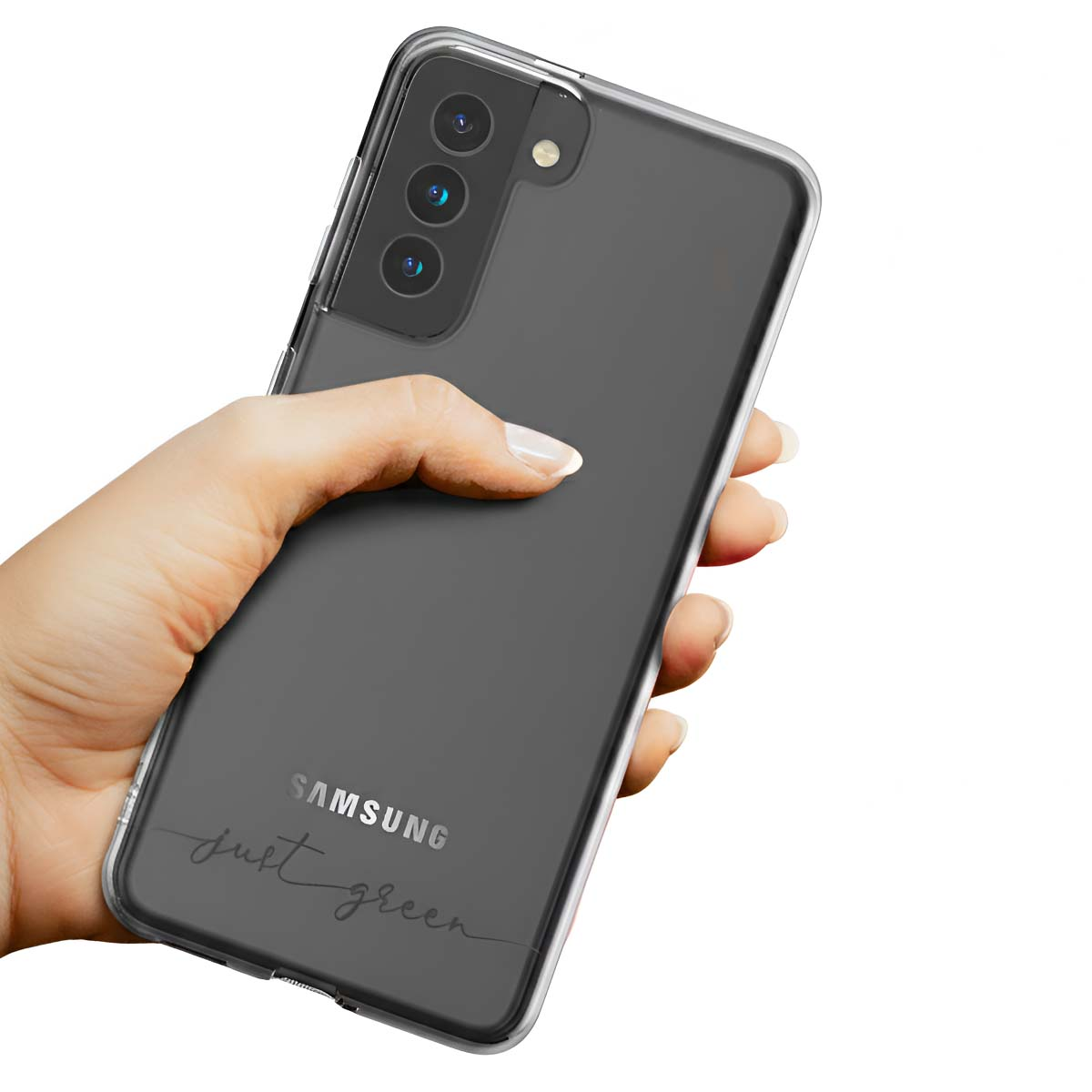 Eine Hand hält ein transparentes Samsung-Handy mit drei Kameras.