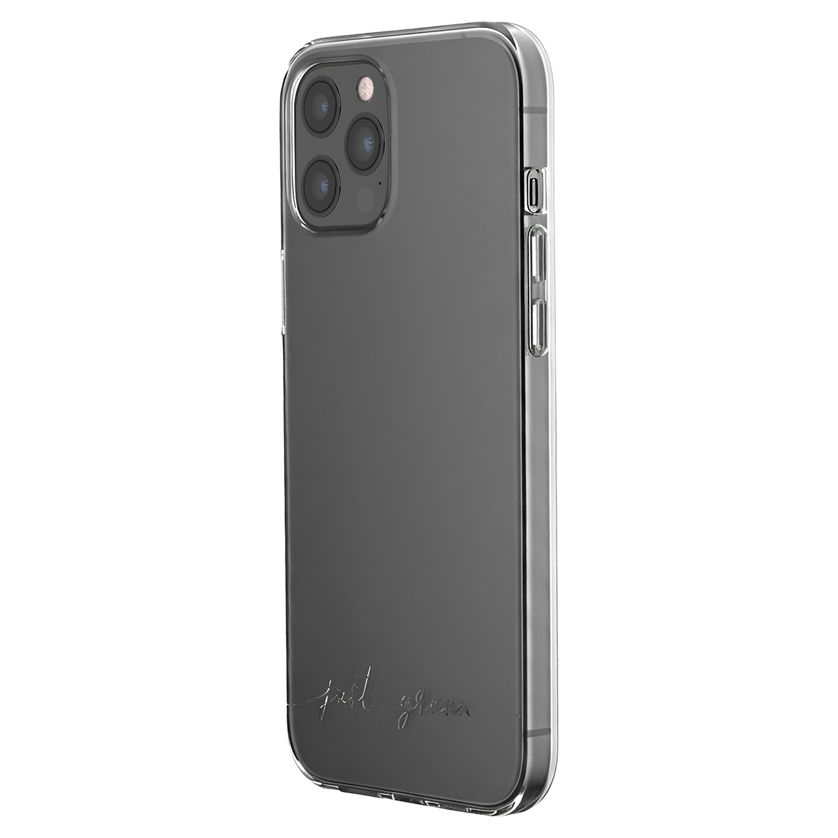 Un iPhone grigio in una custodia trasparente con logo script.