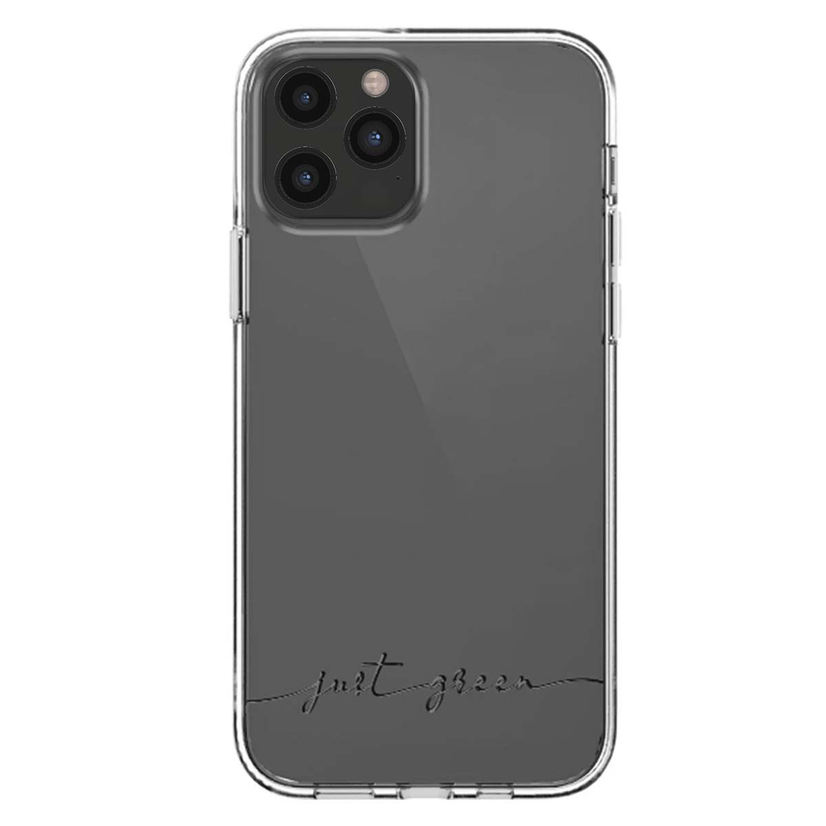 Una custodia trasparente per iPhone con testo nero 'just green'.