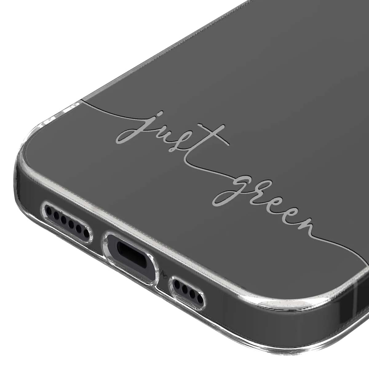 Custodia grigia per telefono con testo "just green" argentato e ritagli.