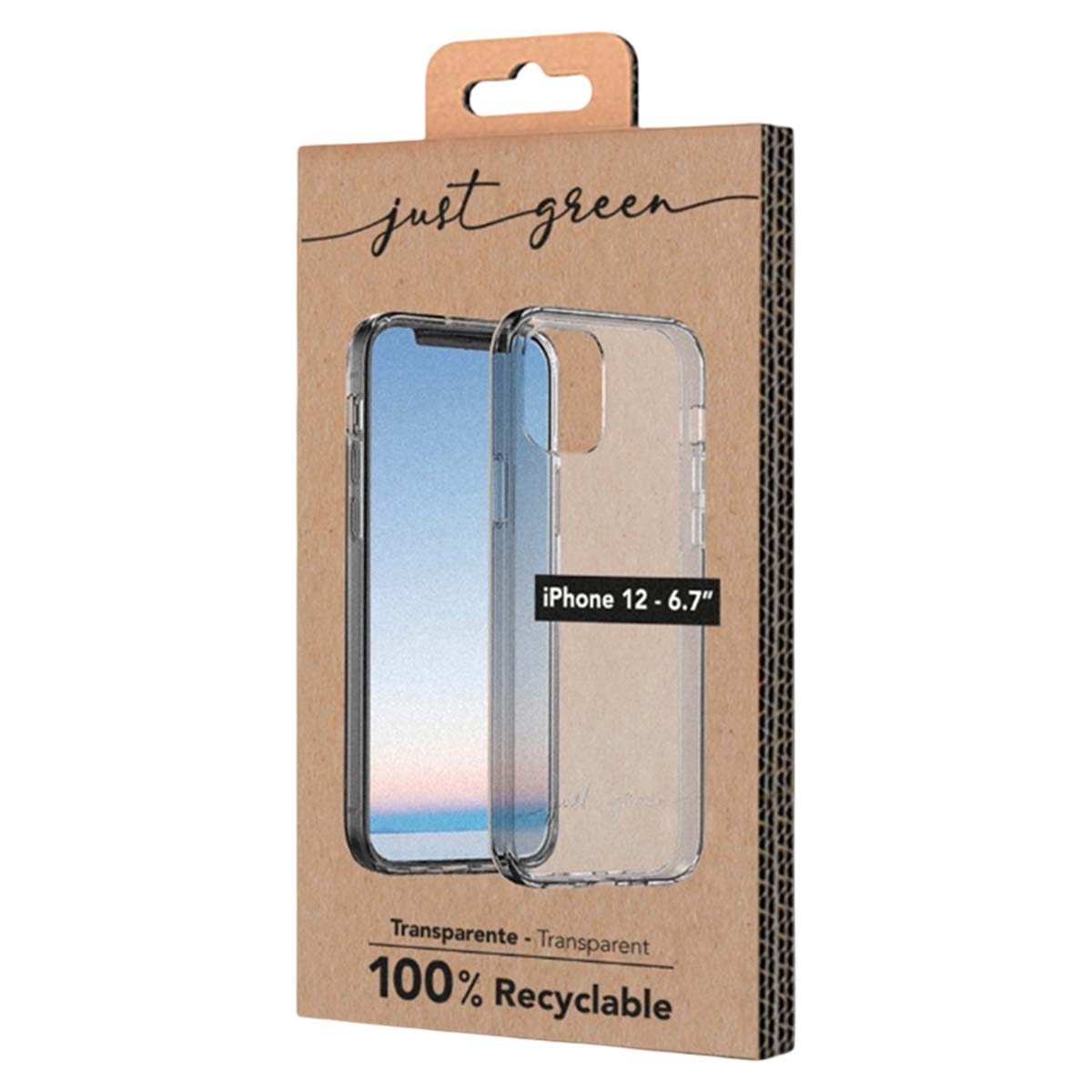 Custodia iPhone 12, trasparente, 100% riciclabile, marca 'just green'.