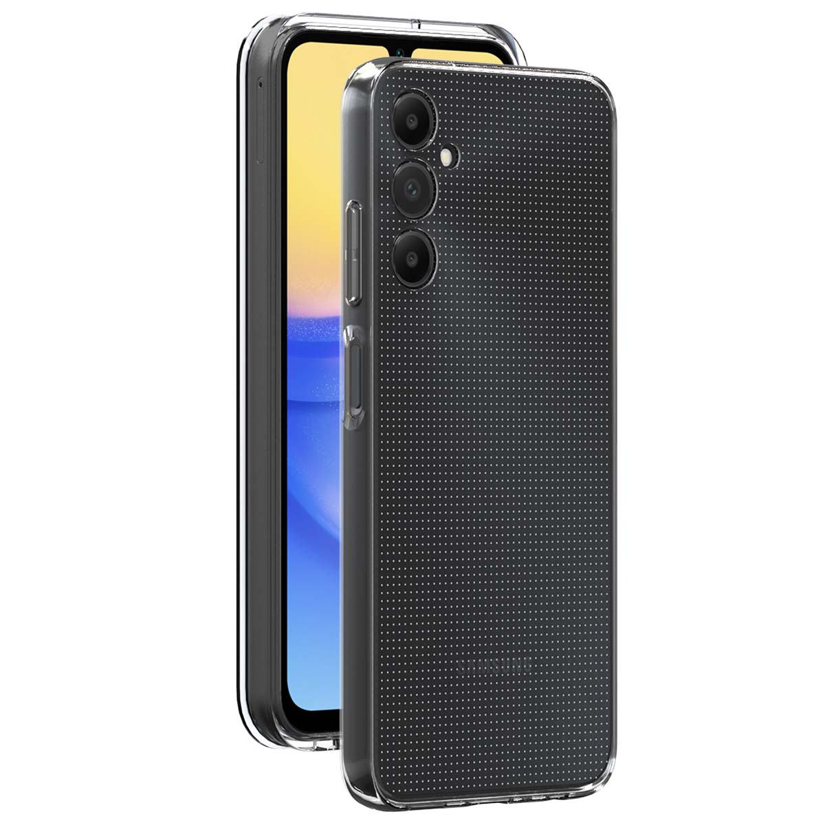 Una funda transparente para teléfono con un teléfono negro dentro.