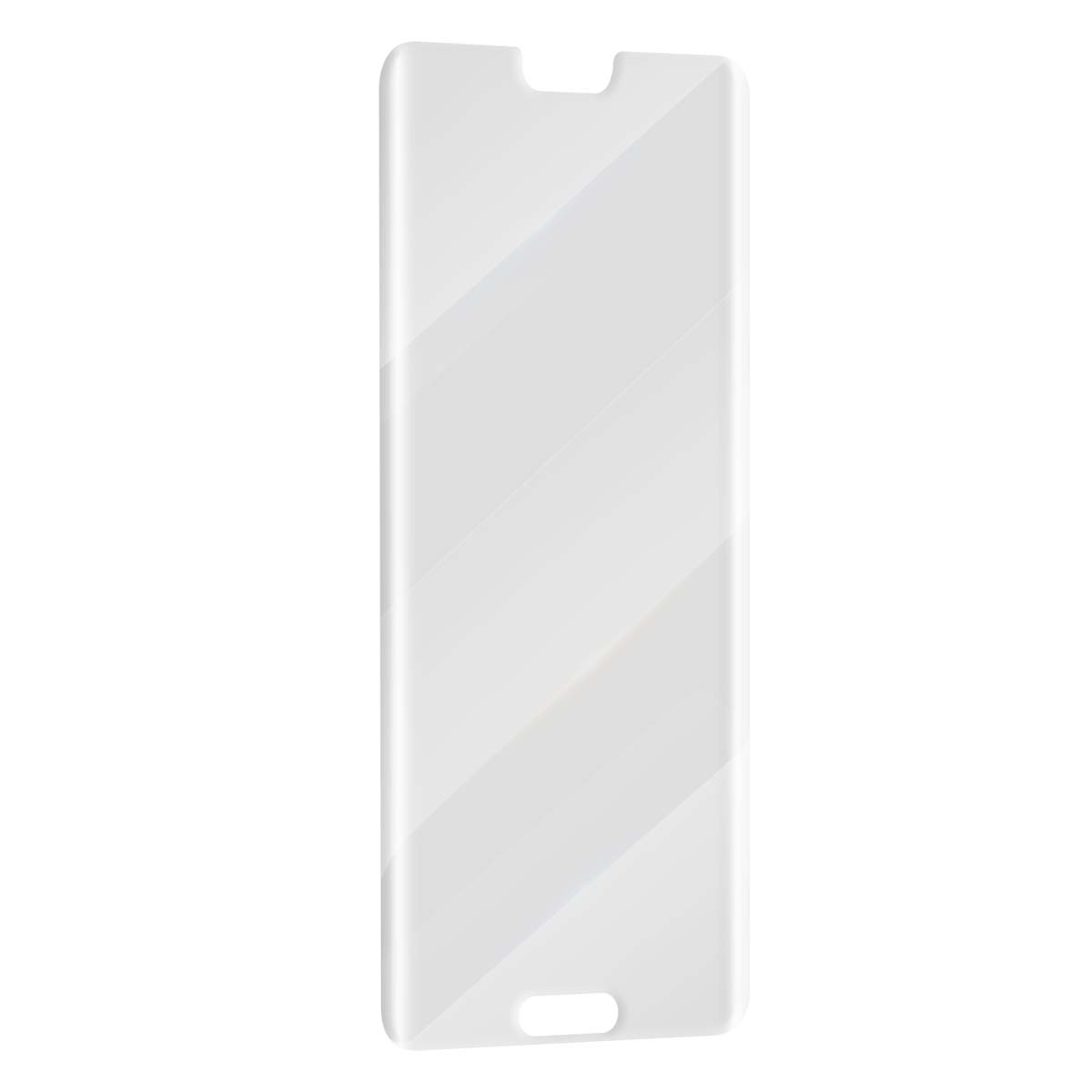 Una protezione schermo trasparente per smartphone, con ritagli in alto e in basso.
