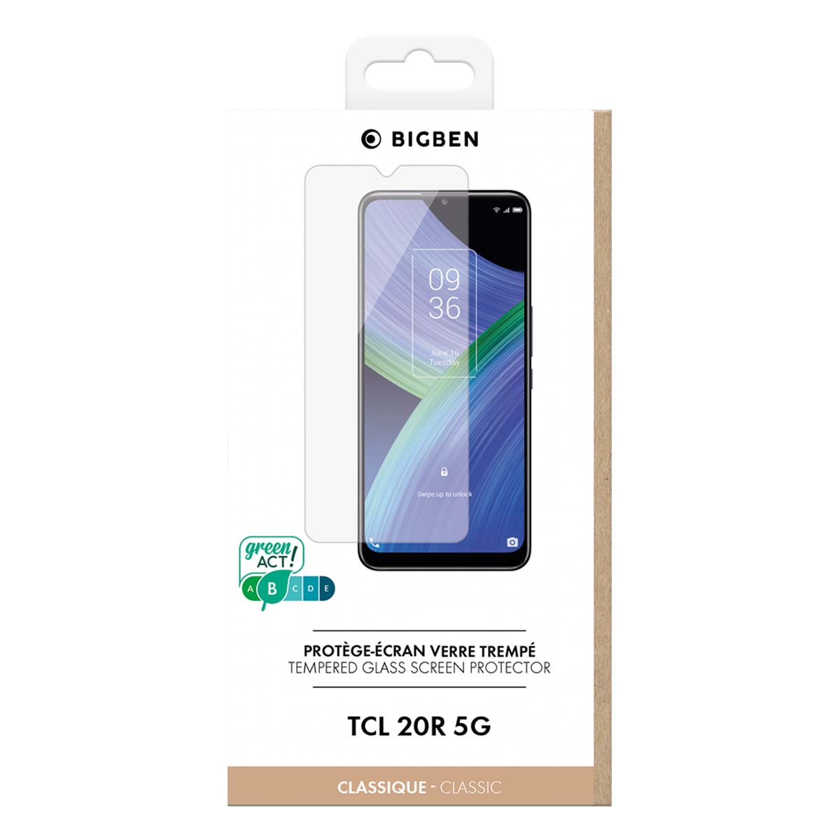 Bigben gehard glazen screenprotector voor TCL 20R 5G met groen ACT! label.