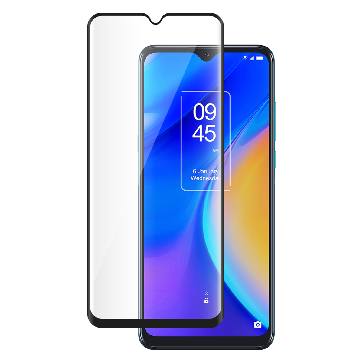 Een smartphone met een schermprotector ervoor. De tijd is 09:45.