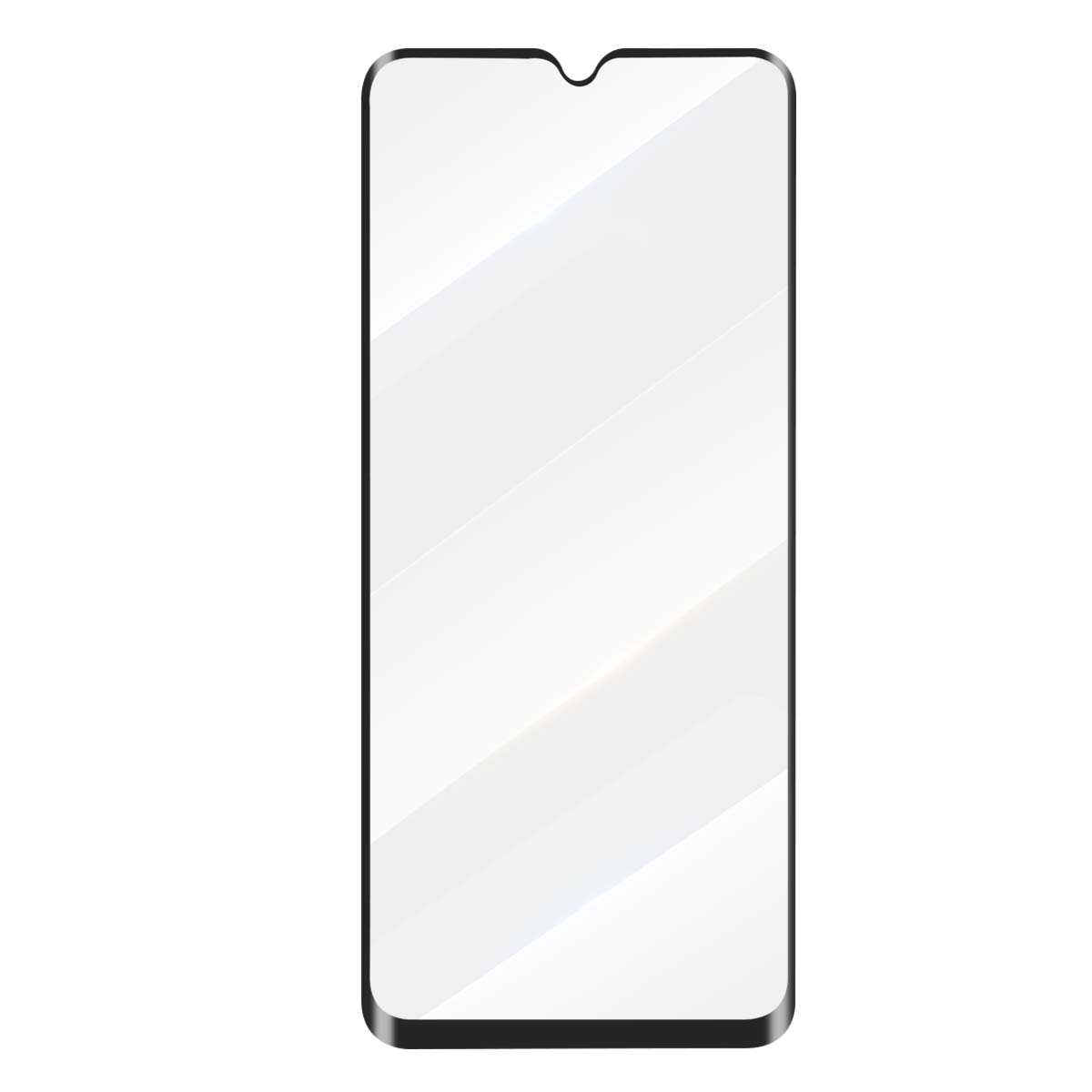 Een transparant schermprotector voor een smartphone met een uitsparing bovenaan.