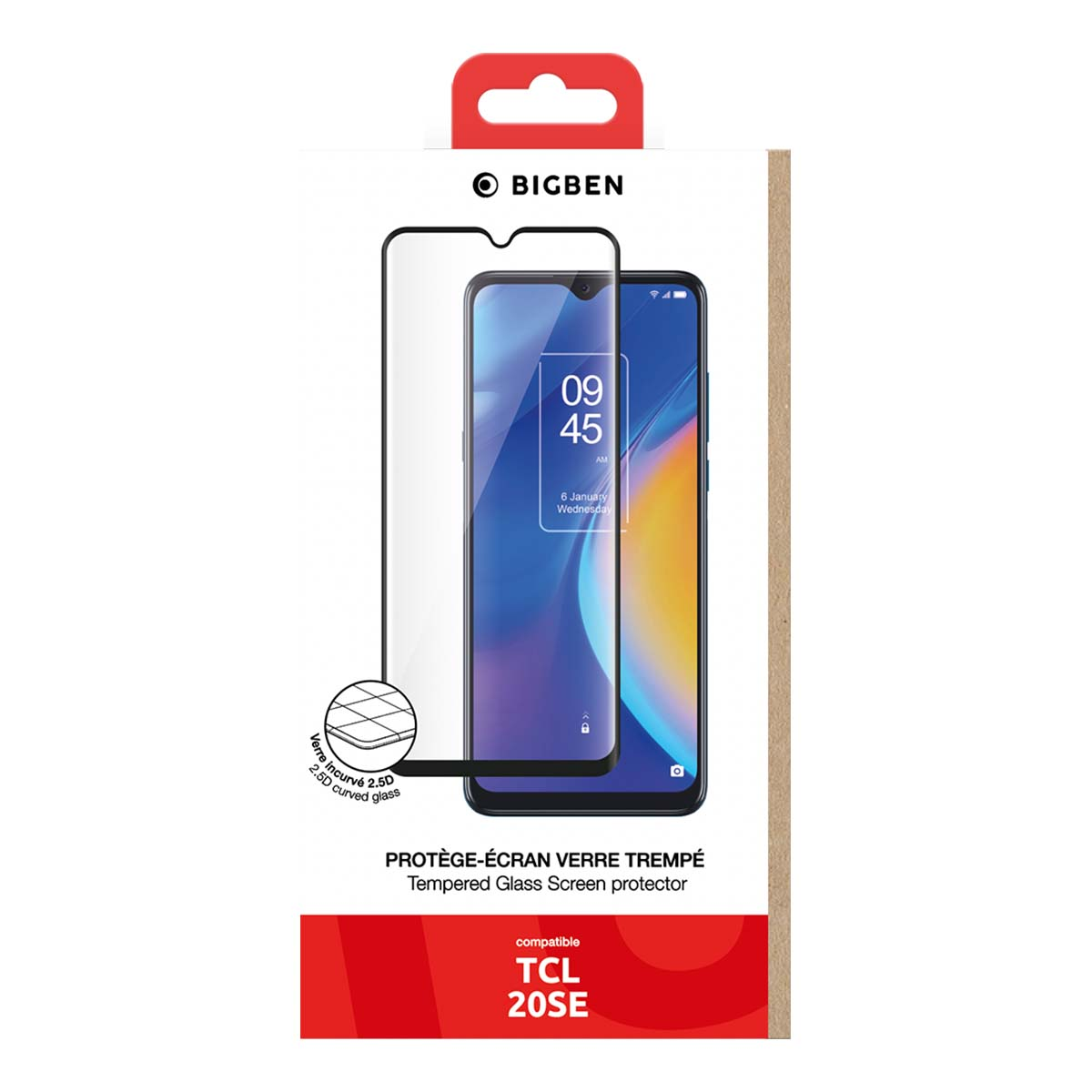 BIGBEN screenprotector voor TCL 20SE met smartphone display afbeelding.