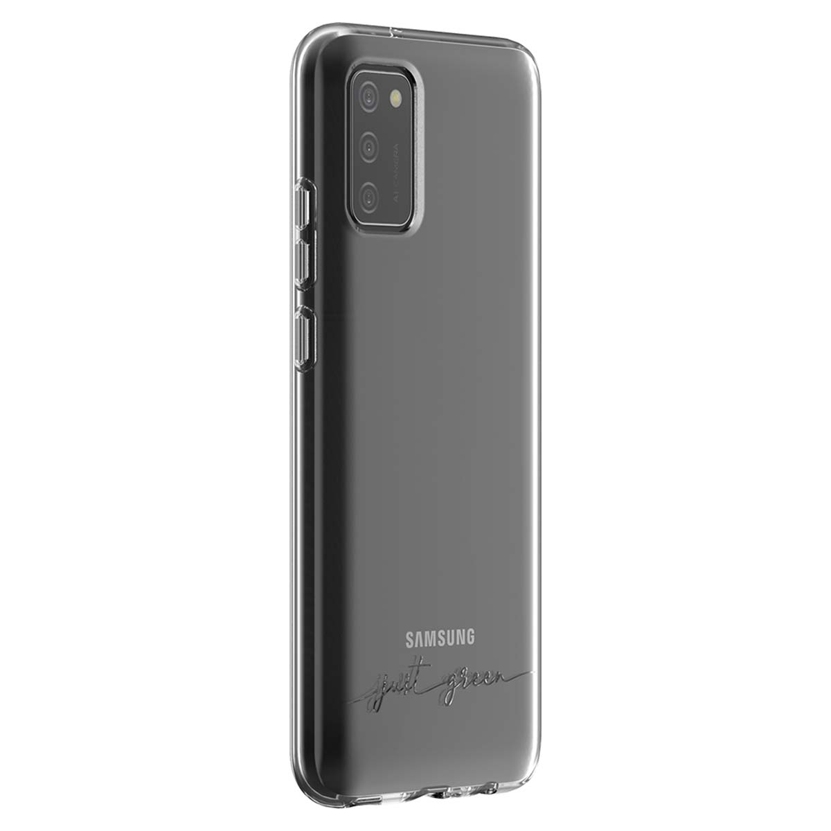 Custodia grigia Samsung con array fotocamera e scritta "just green".