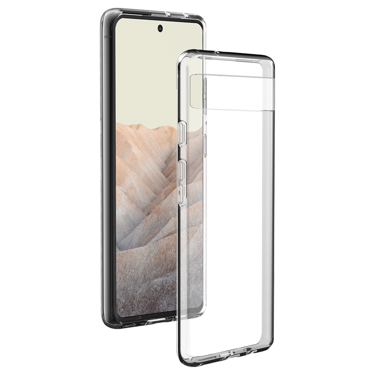 Un prototipo di custodia trasparente per telefono accanto a uno smartphone.