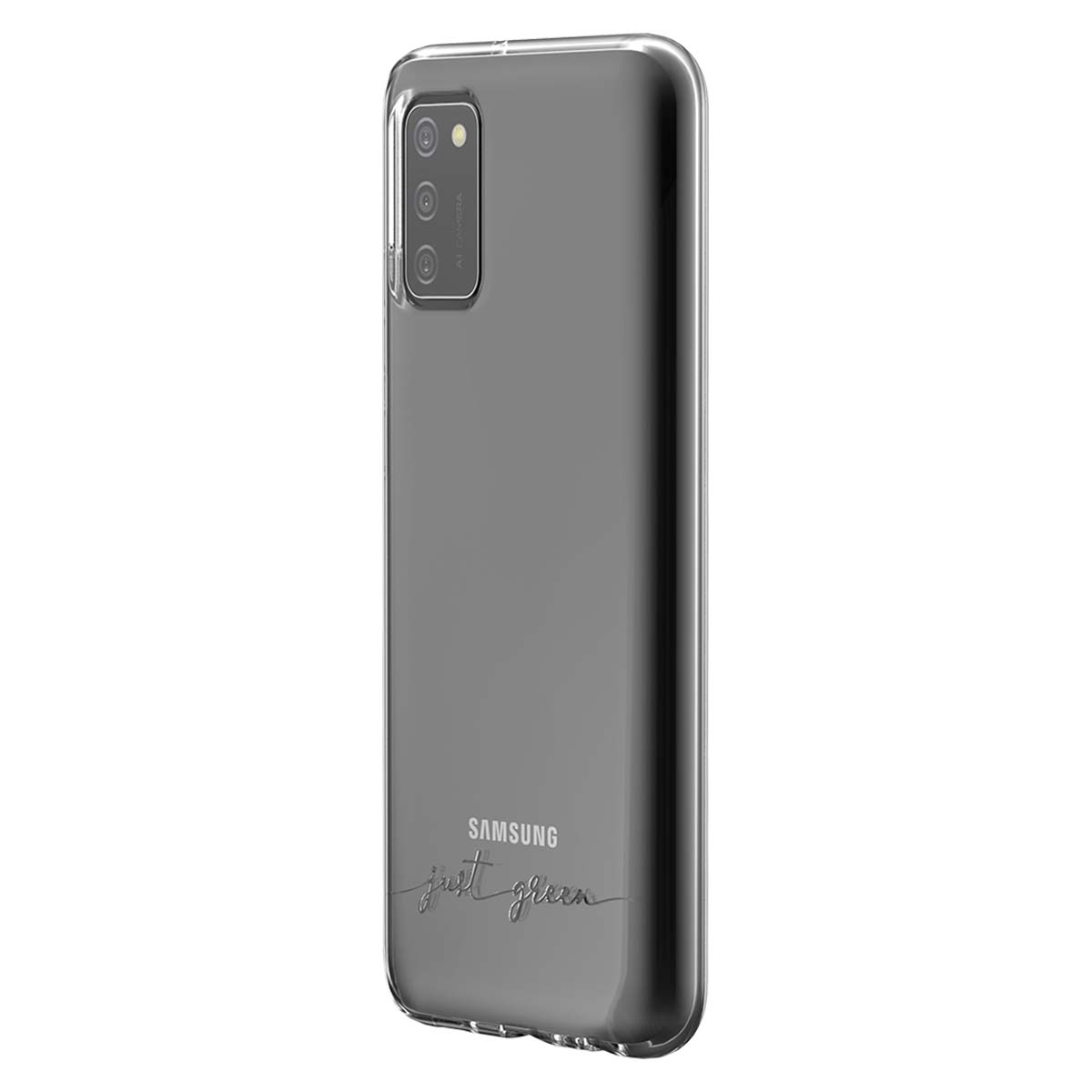 Custodia trasparente per telefono con logo e testo Samsung neri.