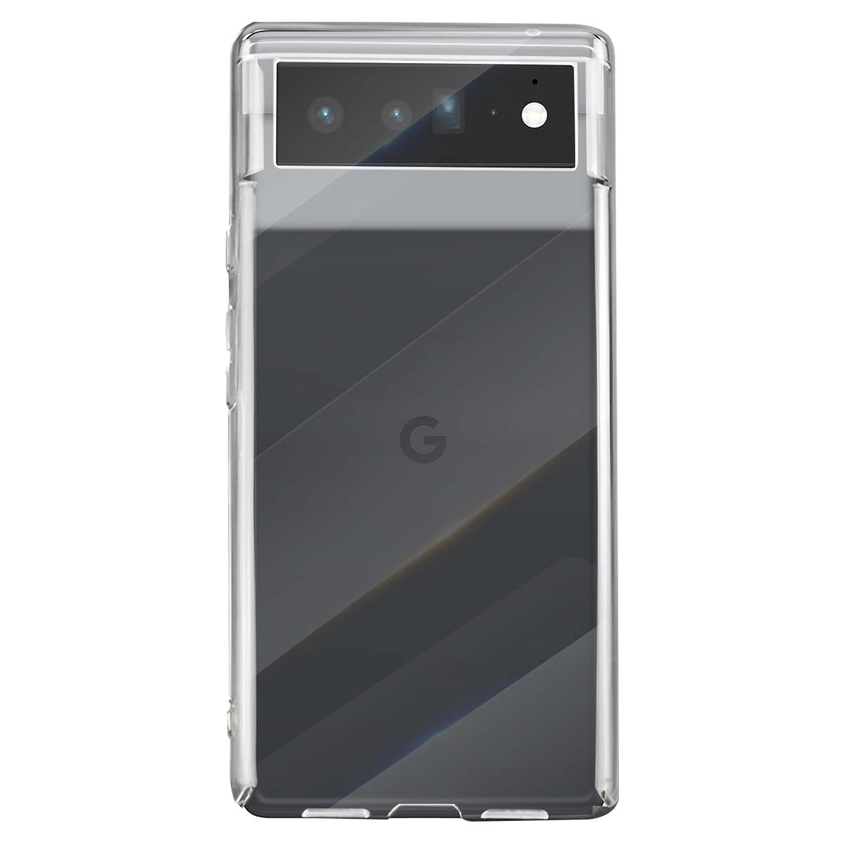 Custodia trasparente per smartphone con fotocamera e logo Google.
