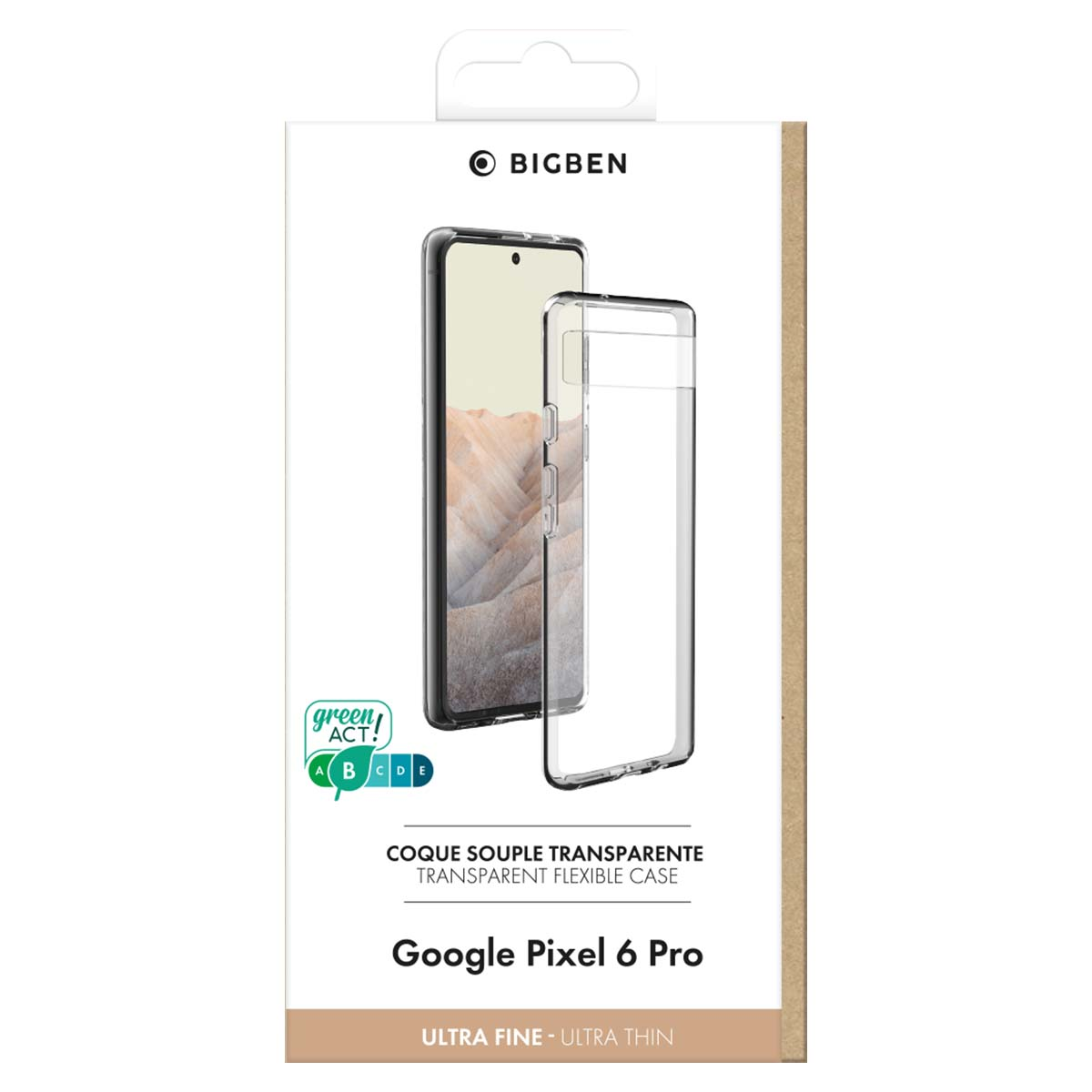 Confezione cover Google Pixel 6 Pro. Mostra un telefono e una cover trasparente.