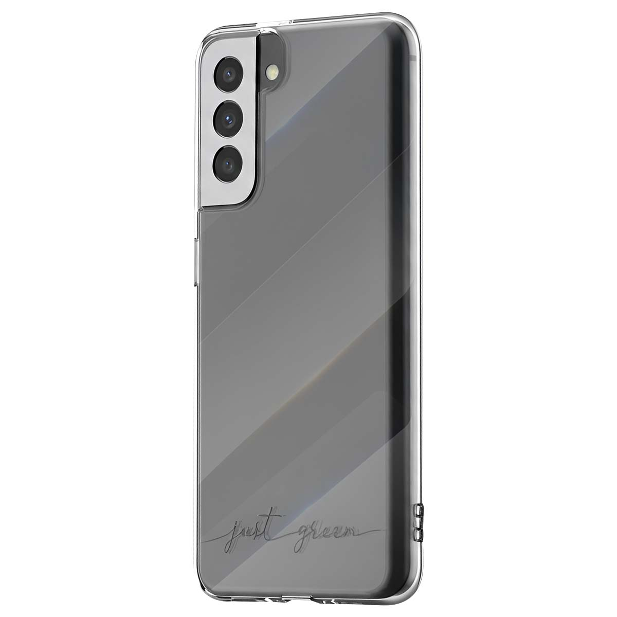 Custodia trasparente per telefono con tre fotocamere e testo.