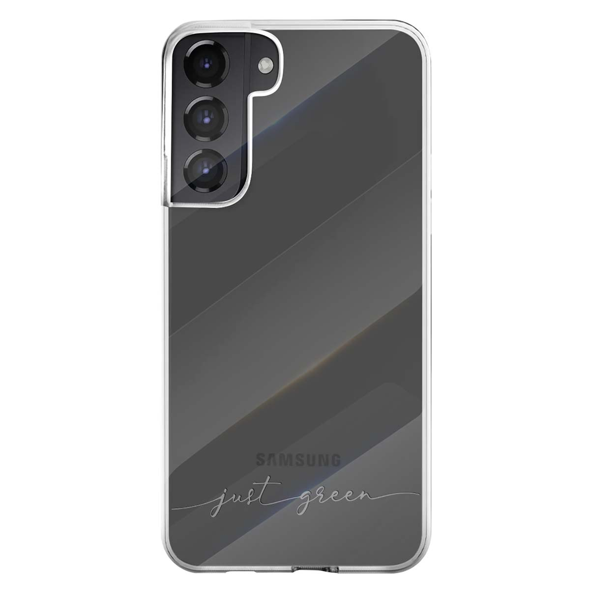 Una cover trasparente per telefono con tre fotocamere e testo.