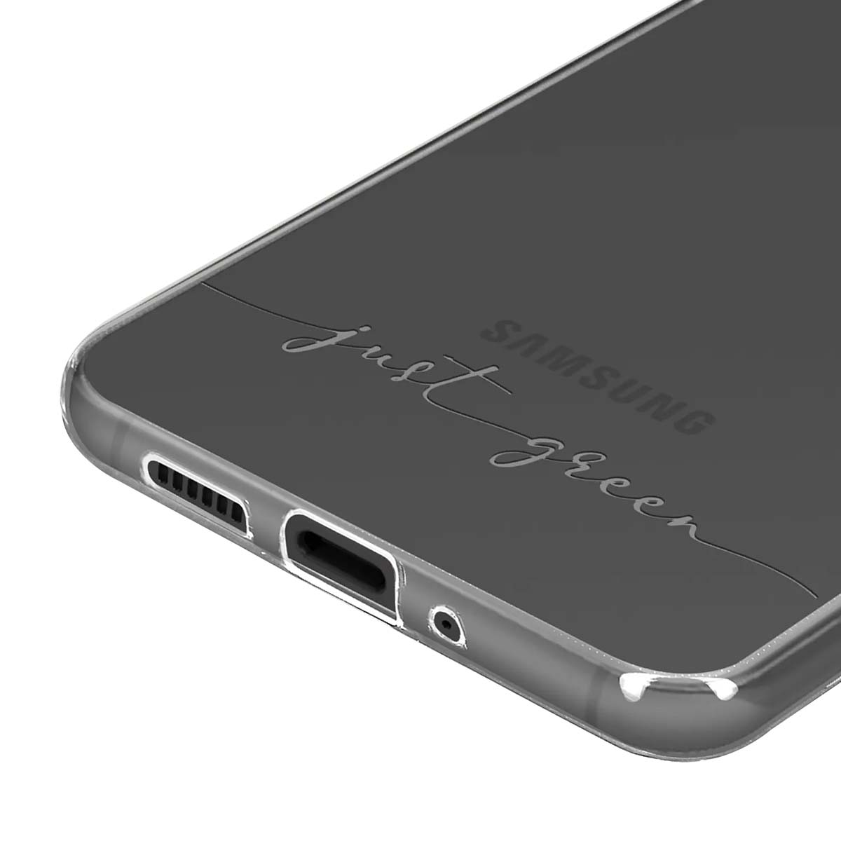 Custodia grigia Samsung con testo "just green".