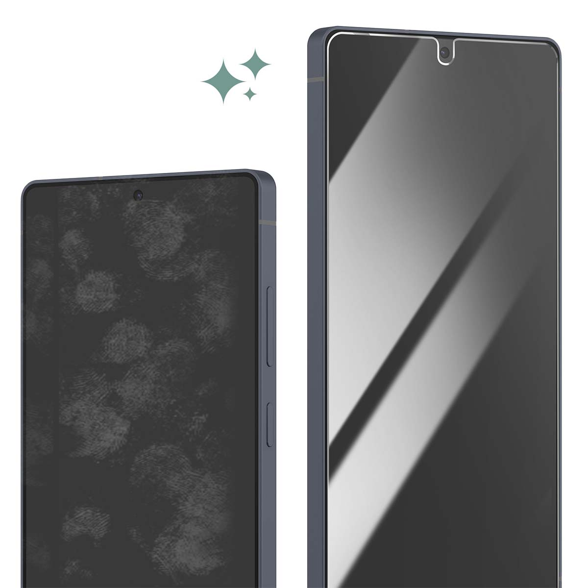 Twee smartphones, één met vingerafdrukken, de andere met beschermend glas.