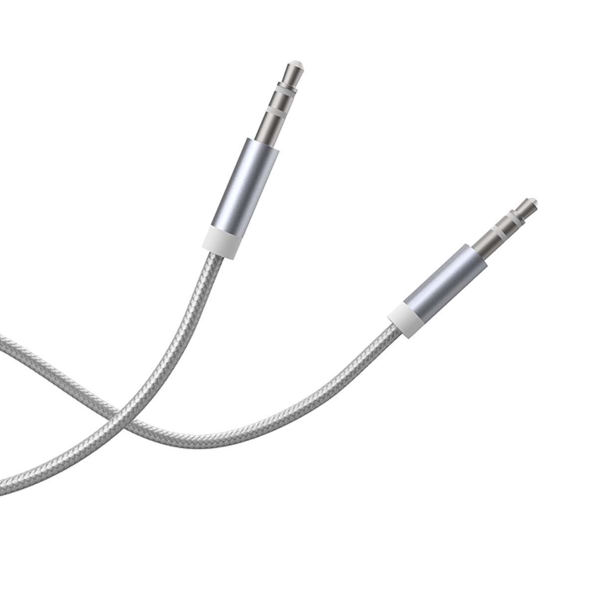 Zwei silberne 3,5-mm-Klinkenkabel mit geflochtenem Kabel auf weißem Hintergrund.