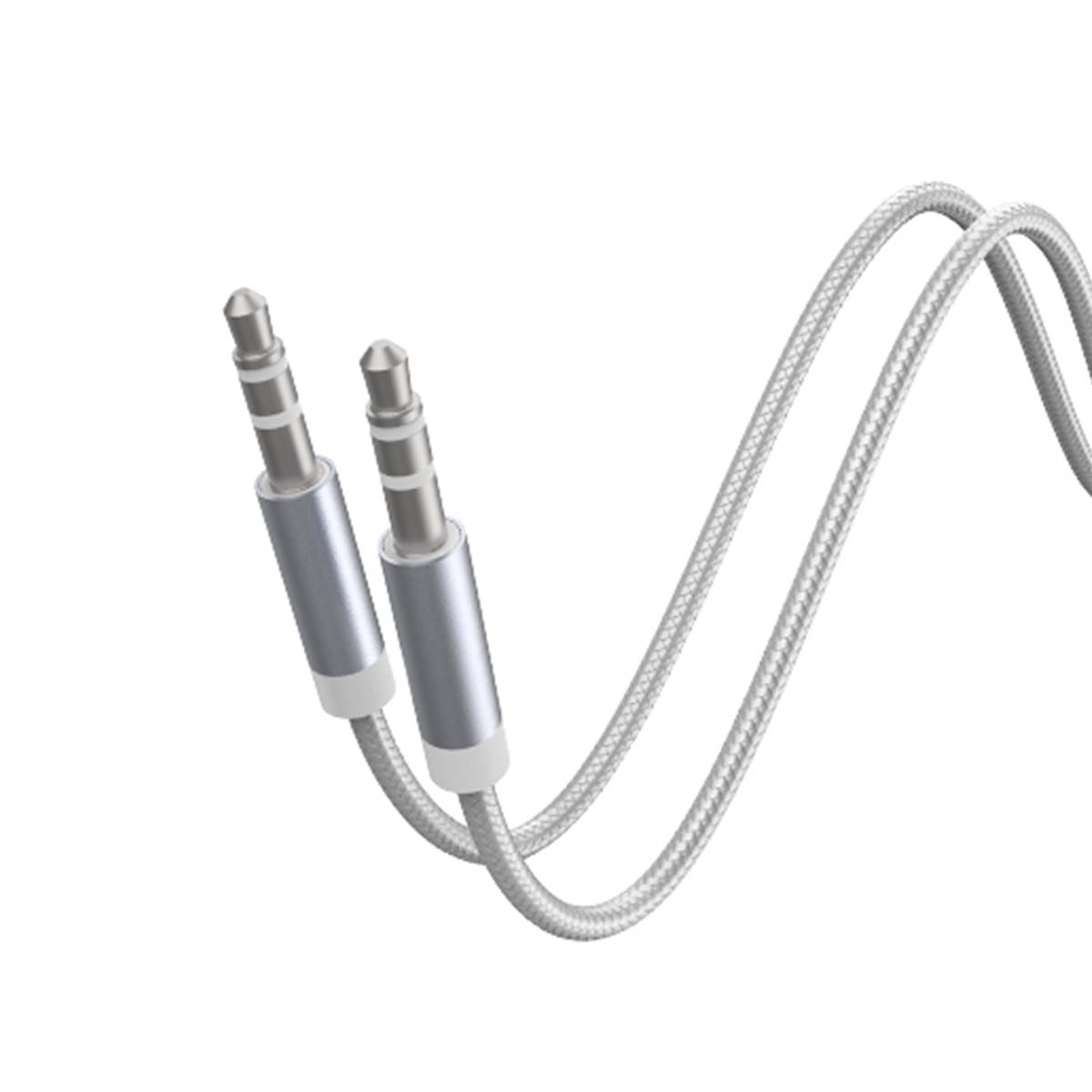 Zwei silberne 3,5-mm-Klinkenstecker an einem geflochtenen Kabel auf weißem Hintergrund.
