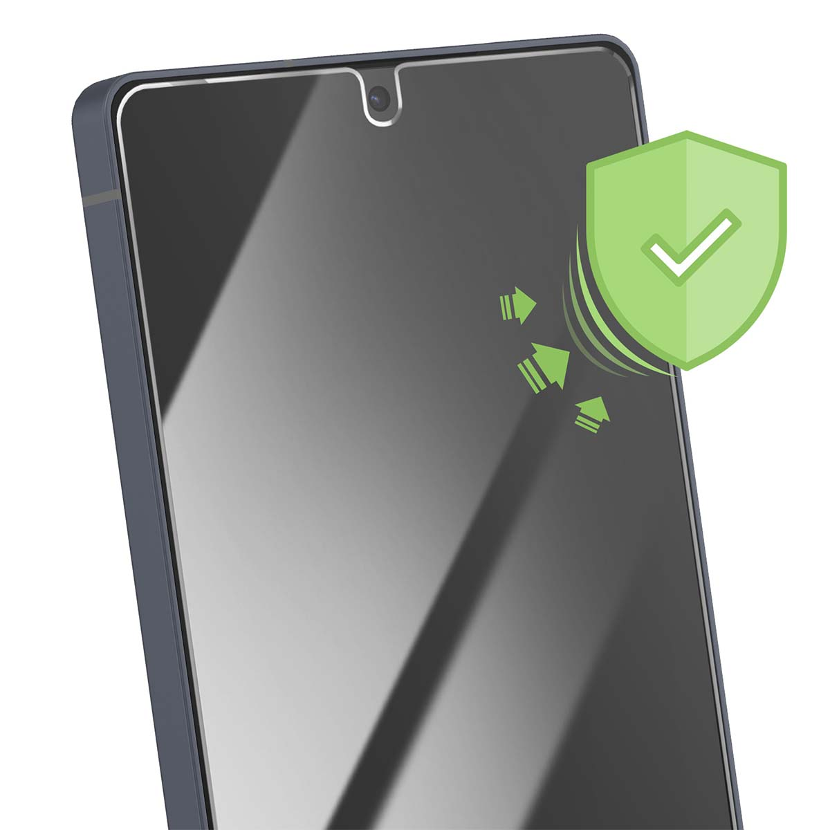 Een groen schild met een vinkje beschermt een smartphone tegen vallen.