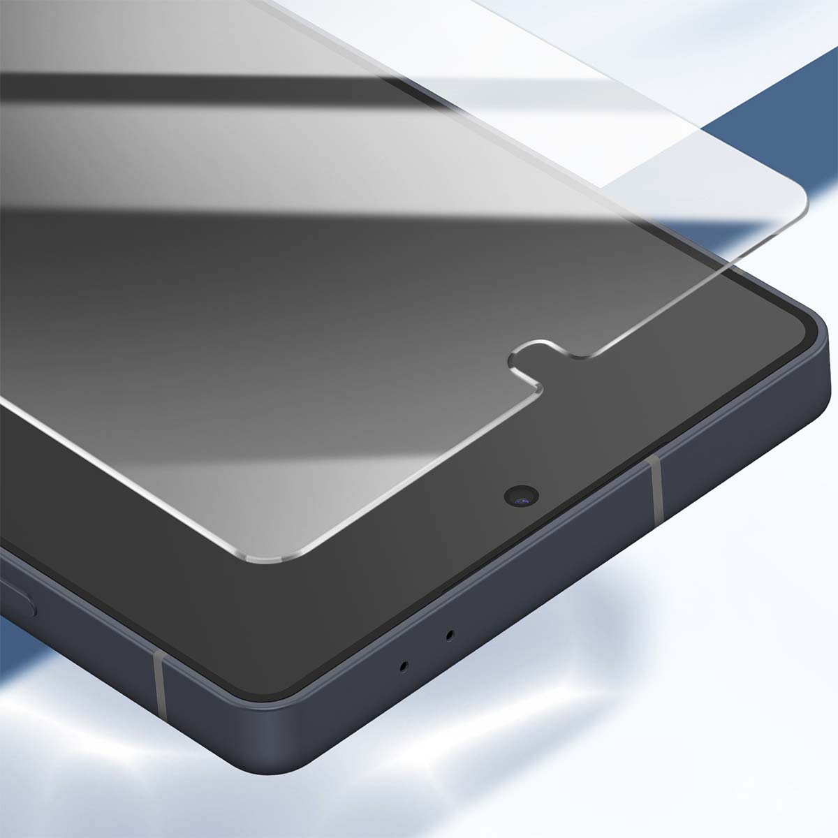 Schermprotector wordt aangebracht op een donker tablet.