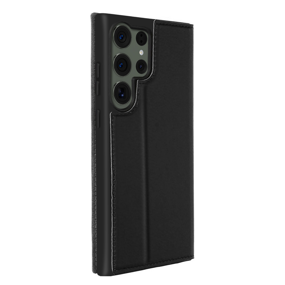 Smartphone nero con più fotocamere in custodia a libro con cuciture.