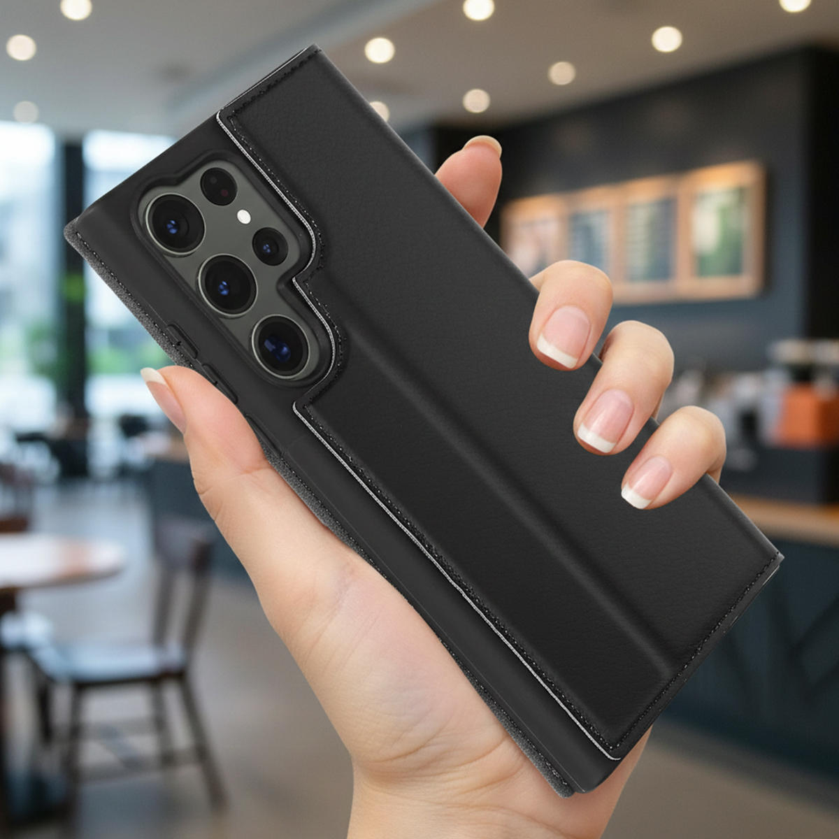 Telefono nero in custodia tenuto da una mano, con un bar sullo sfondo.