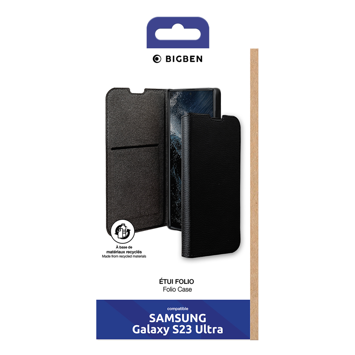 Custodia a libro nera per Samsung Galaxy S23 Ultra, realizzata con materiali riciclati.