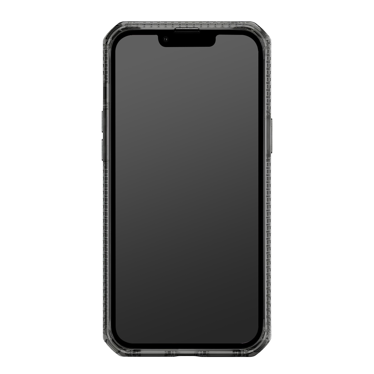 Smartphone nero con custodia trasparente e robusta, a schermo intero.