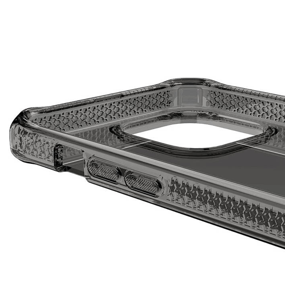 Una custodia trasparente per telefono con texture a nido d'ape sui bordi.