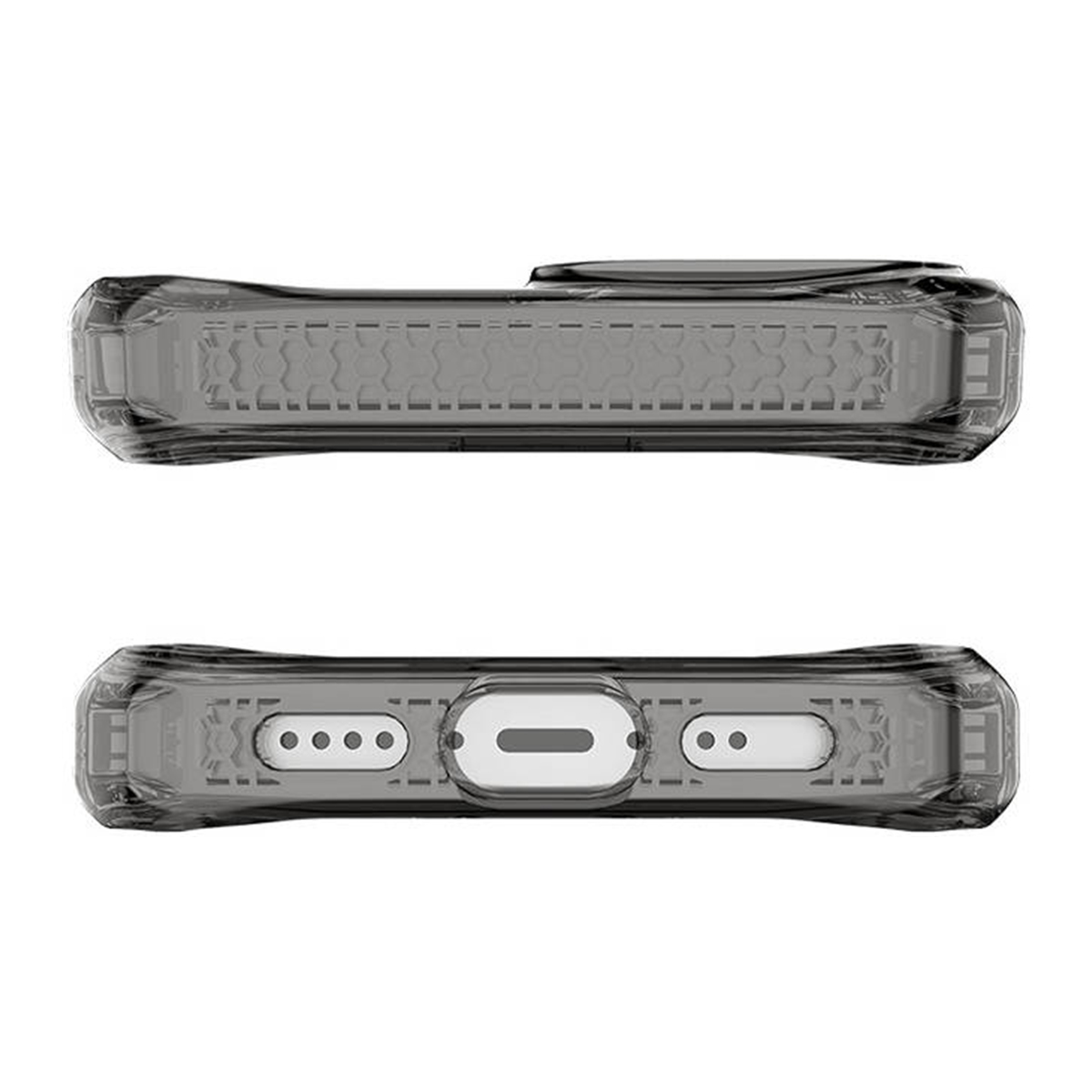 Custodia trasparente per telefono con motivo a nido d'ape e ritagli per fotocamera e porte.