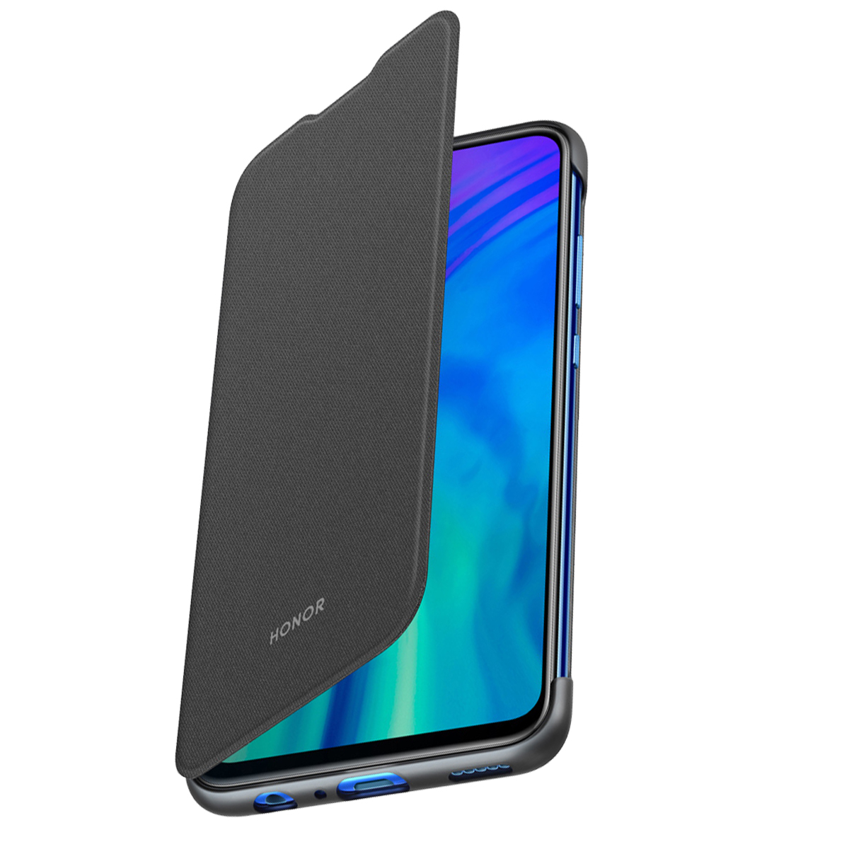 Custodia Honor grigio scuro con flip cover parzialmente aperto, schermo blu visibile.