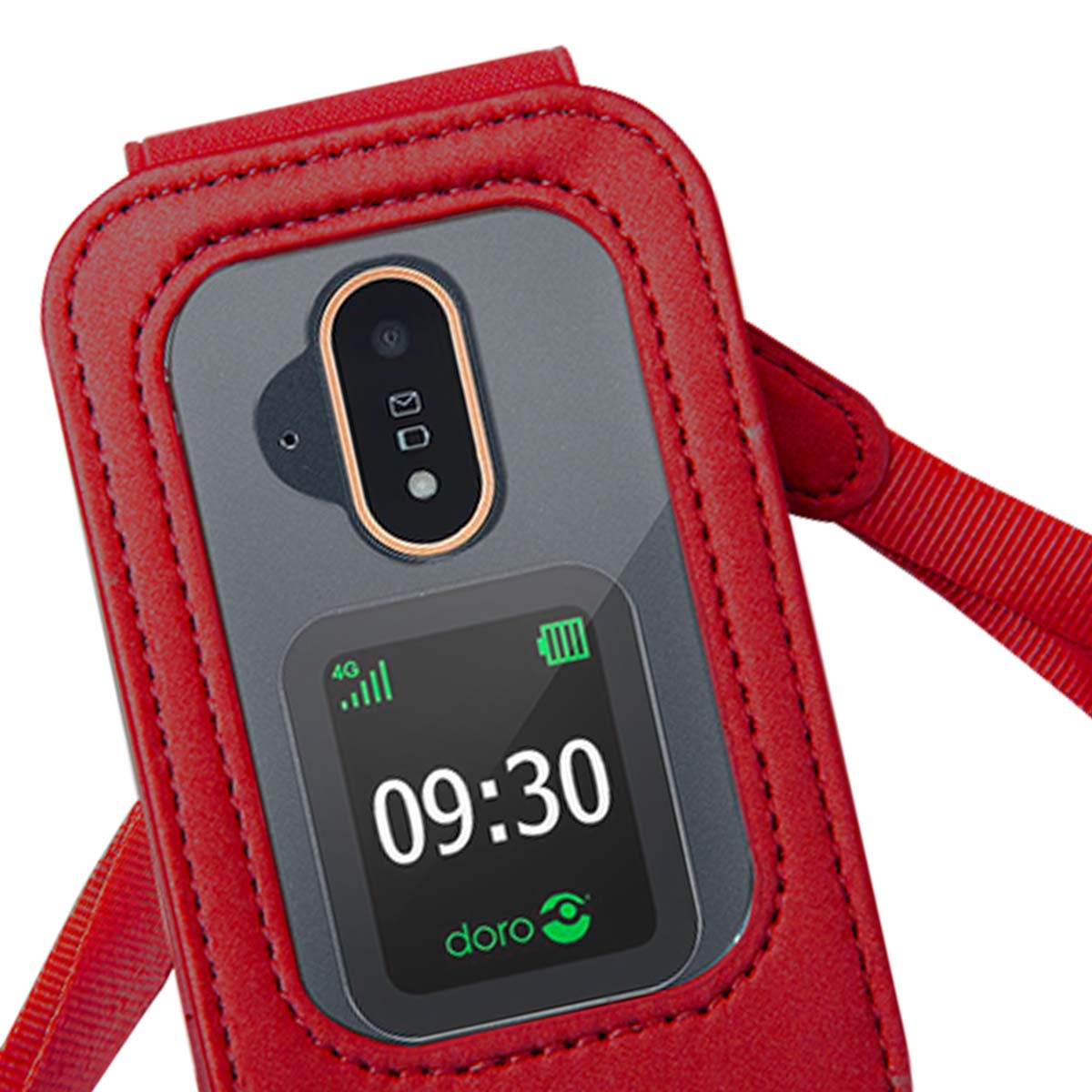 Telefono a conchiglia rosso con segnale 4G, batteria e ora 09:30.