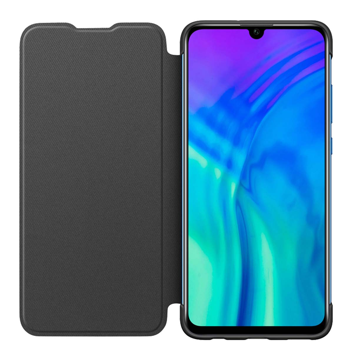 Uno smartphone nero con cover aperta, che mostra uno schermo blu e viola.