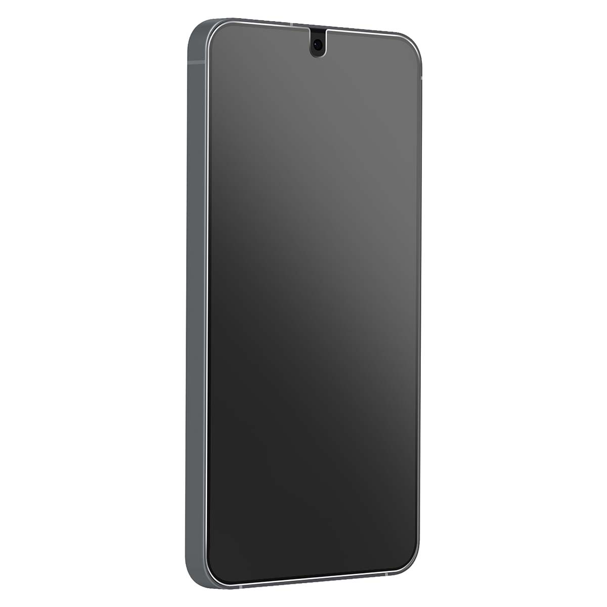 Un teléfono inteligente gris con pantalla oscura y una sola cámara frontal.