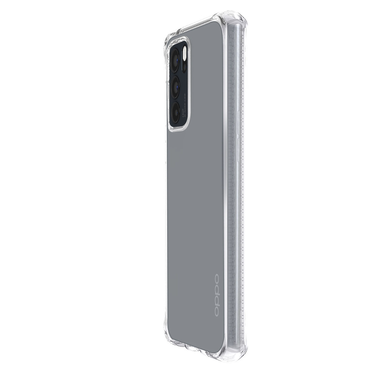Graues Smartphone mit klarer Hülle und Dreifachkamera.