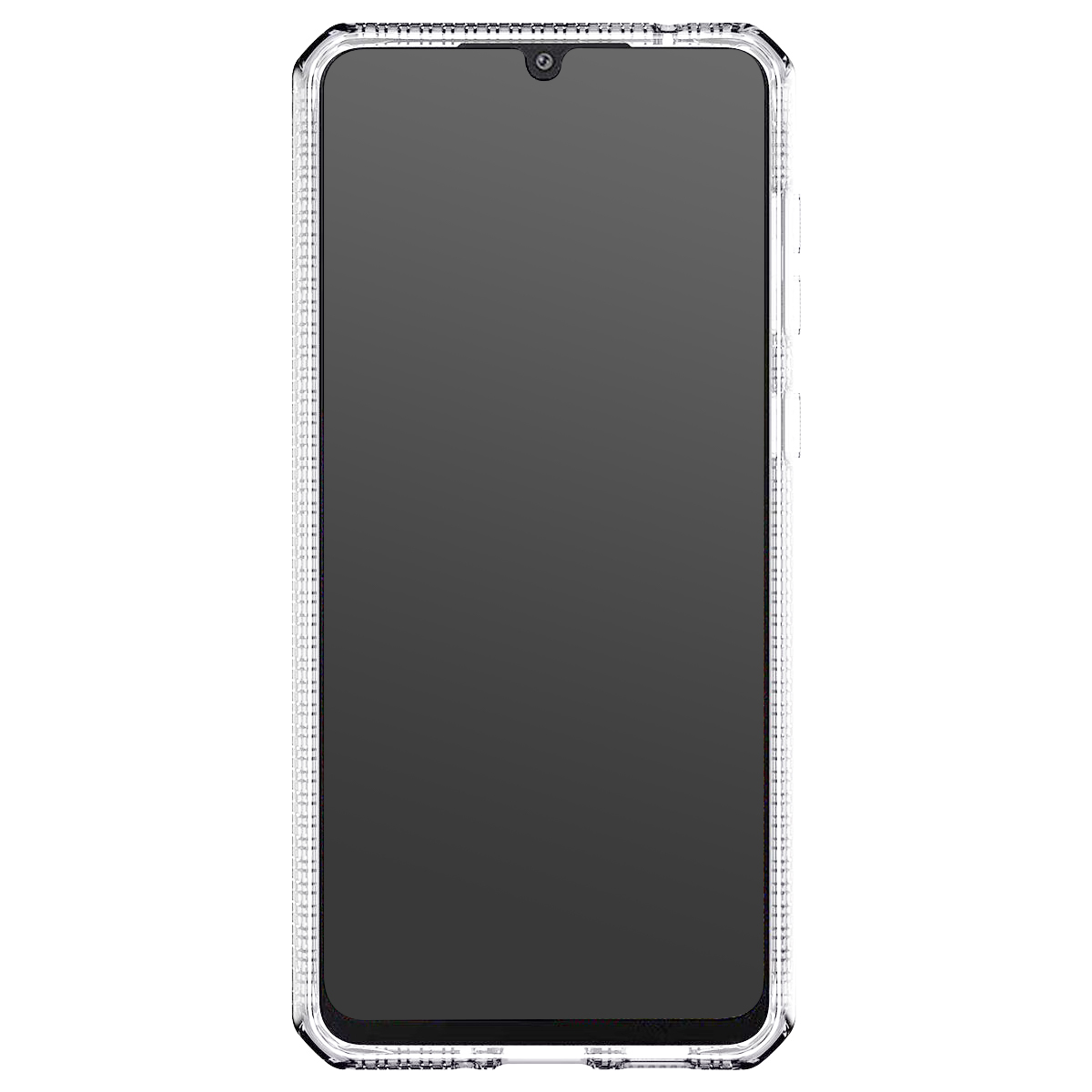 Ein durchsichtiges Smartphone mit dunklem Bildschirm und einer Aussparung für die Frontkamera oben.