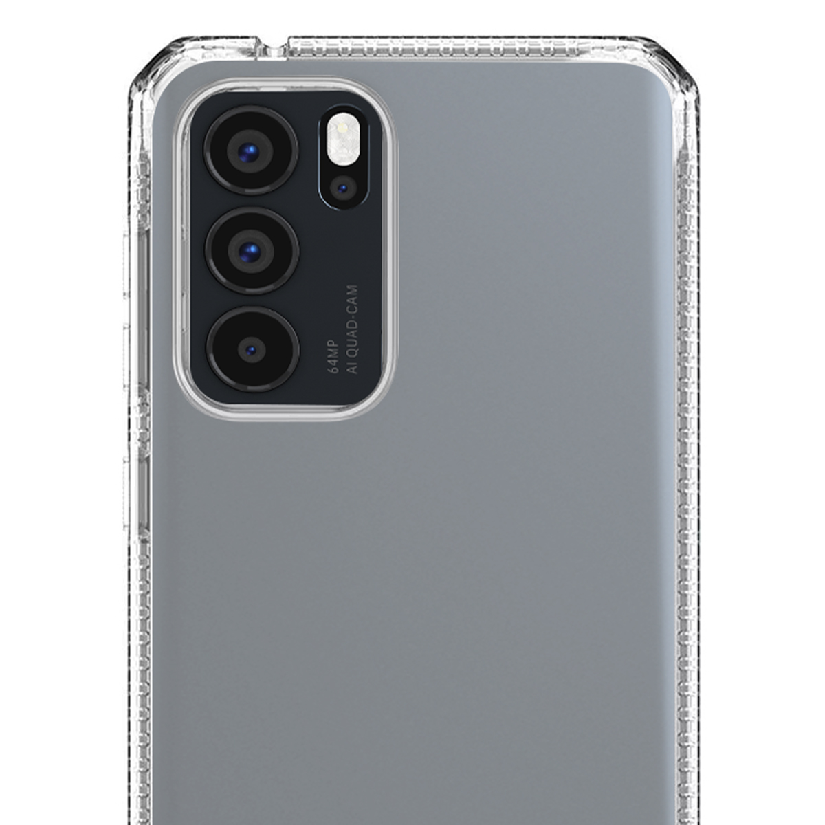 Rückseite eines Smartphones mit vier Kameras und transparentem Gehäuse.