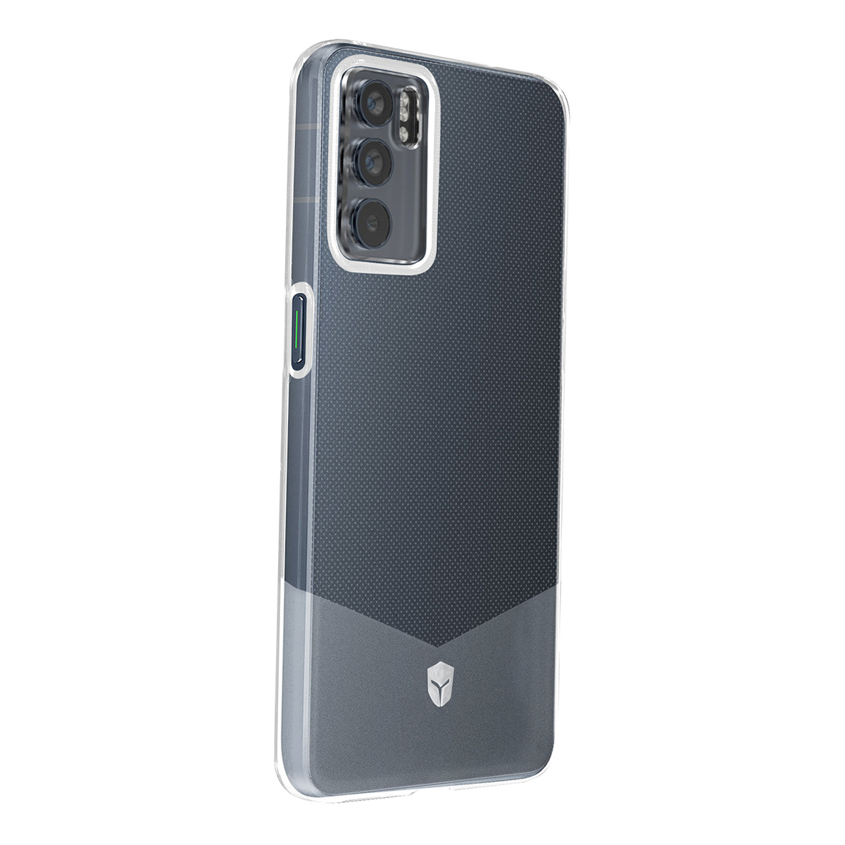 Custodia trasparente per telefono con retro scuro e tripla fotocamera.