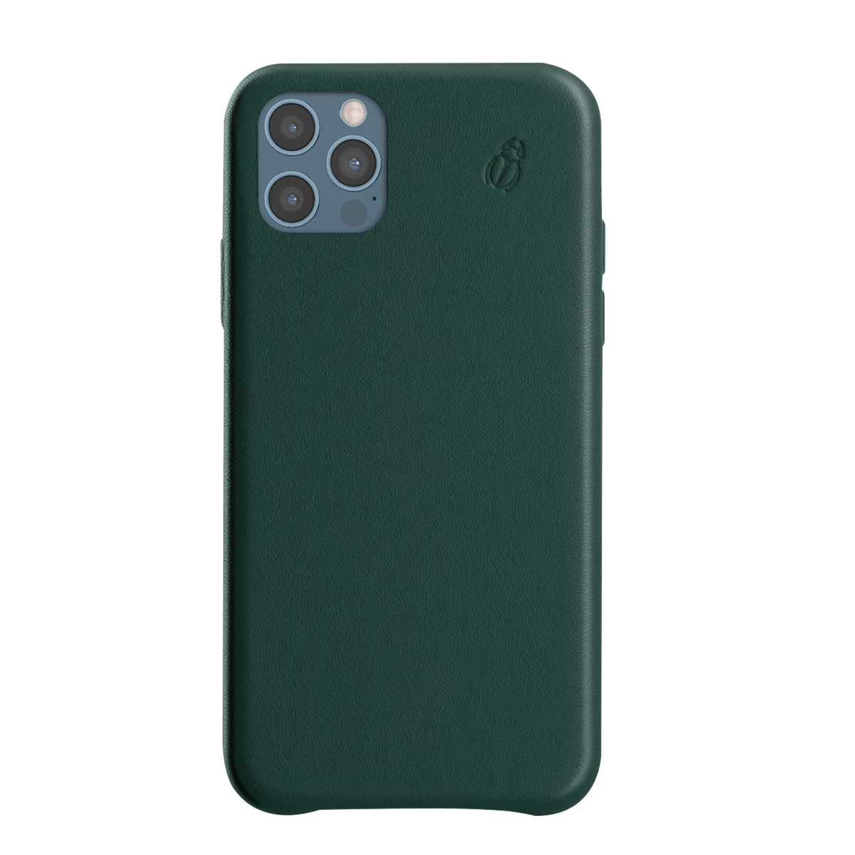 Custodia verde scuro per telefono con array fotocamera e piccolo logo.