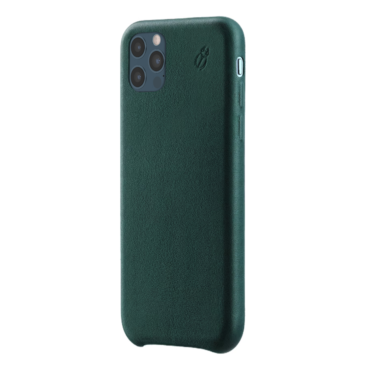 Custodia verde scuro per telefono con modulo fotocamera e logo.