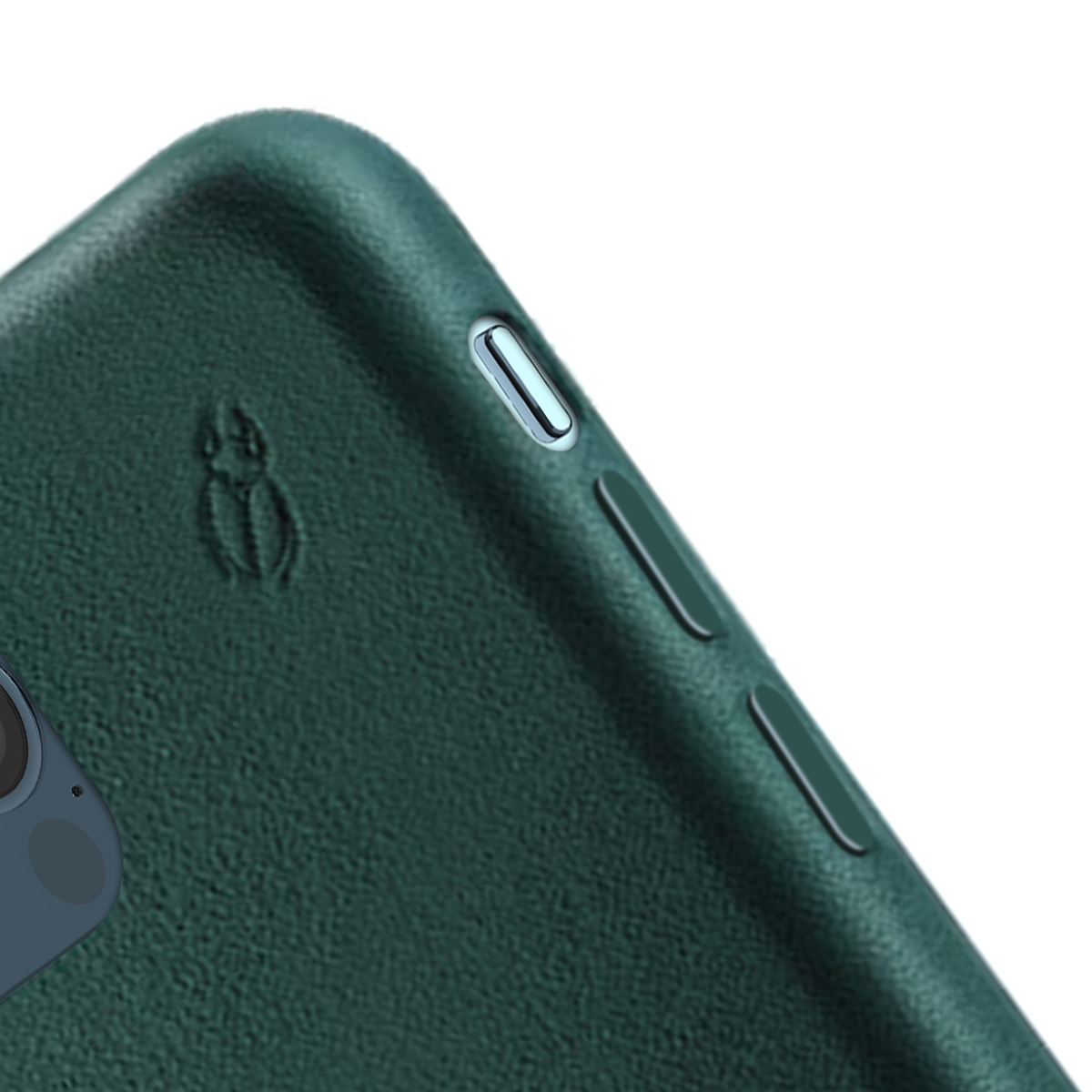 Custodia verde scuro per telefono con logo scarabeo in rilievo e pulsanti laterali.