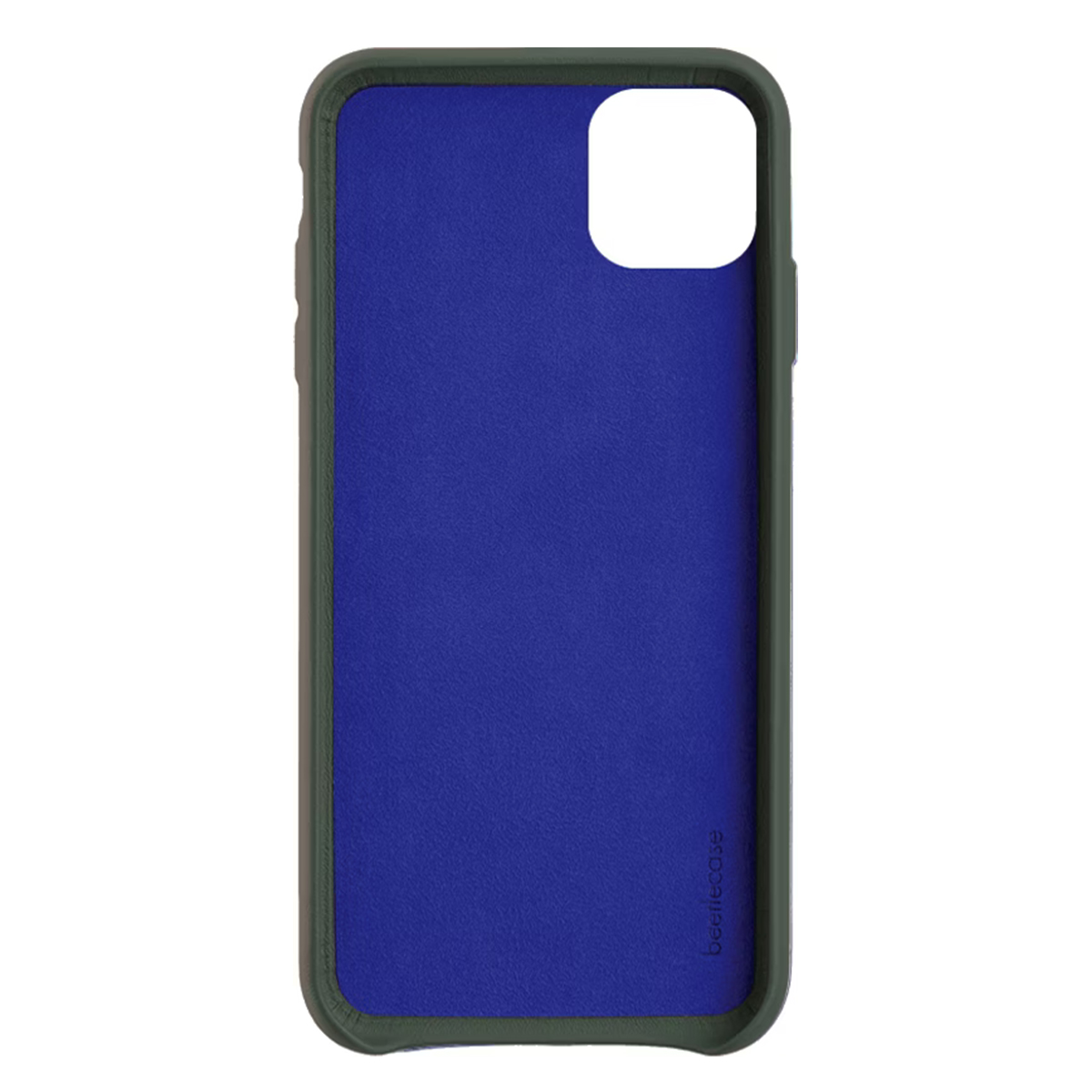 Custodia verde scuro per iPhone con retro blu e ritaglio fotocamera.