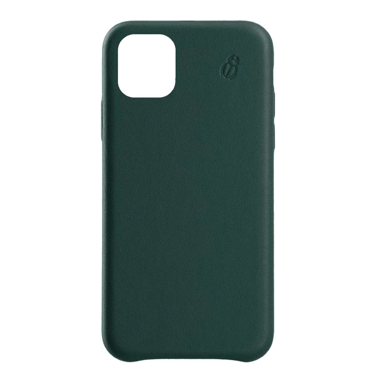 Custodia per telefono in pelle verde scuro con ritaglio fotocamera e logo.