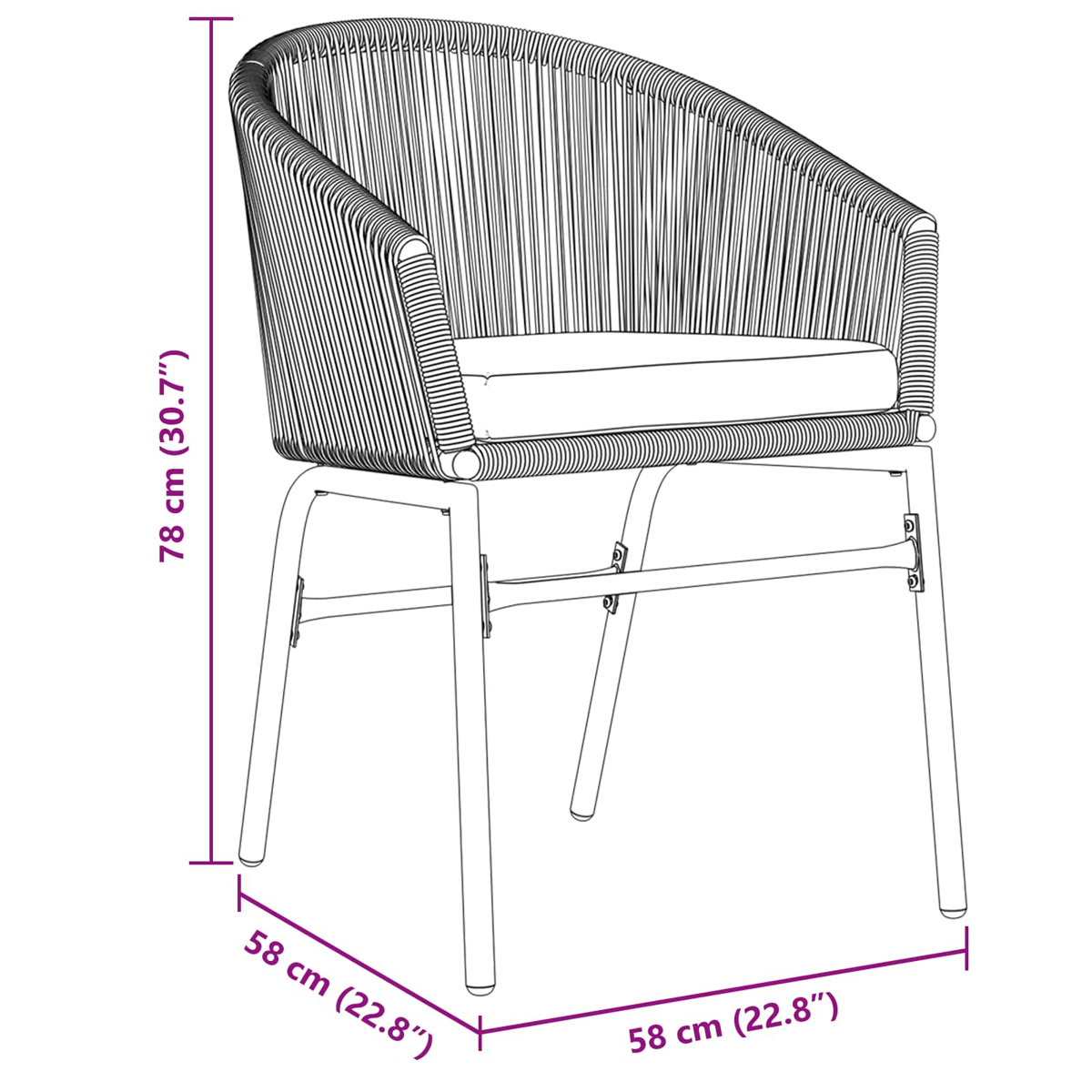 Zeichnung eines Korbstuhls mit Maßen: H 78cm, B 58cm, T 58cm. Sitzkissen ist sichtbar.