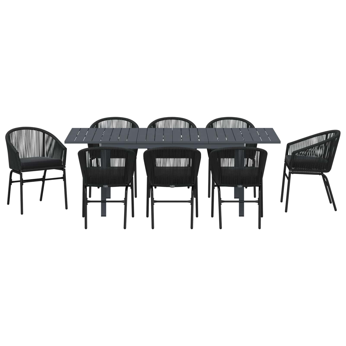 Un juego de comedor exterior gris oscuro con mesa larga y seis sillas negras.