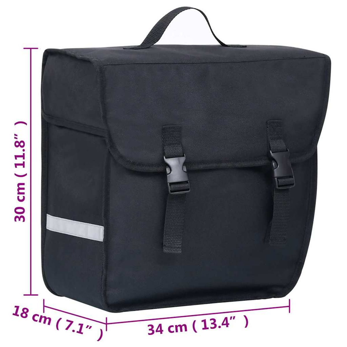Schwarze Fahrradtasche mit Tragegriff, Schnallen und Reflektorstreifen. Maße: 30x34x18cm.