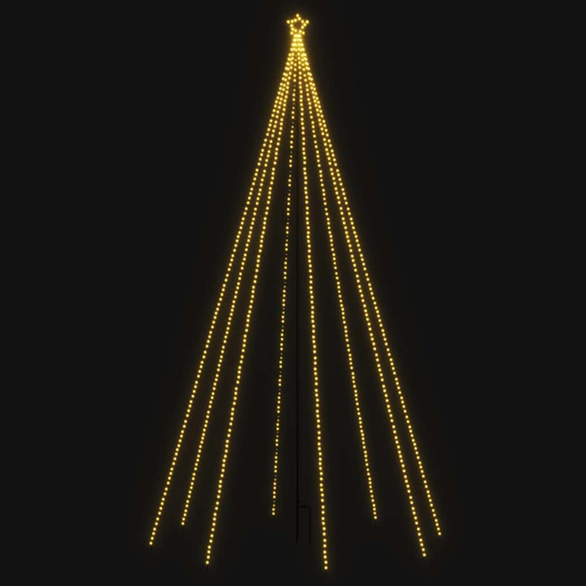 Ein Baum aus gelben Lichtern mit einem Stern an der Spitze auf schwarzem Hintergrund.