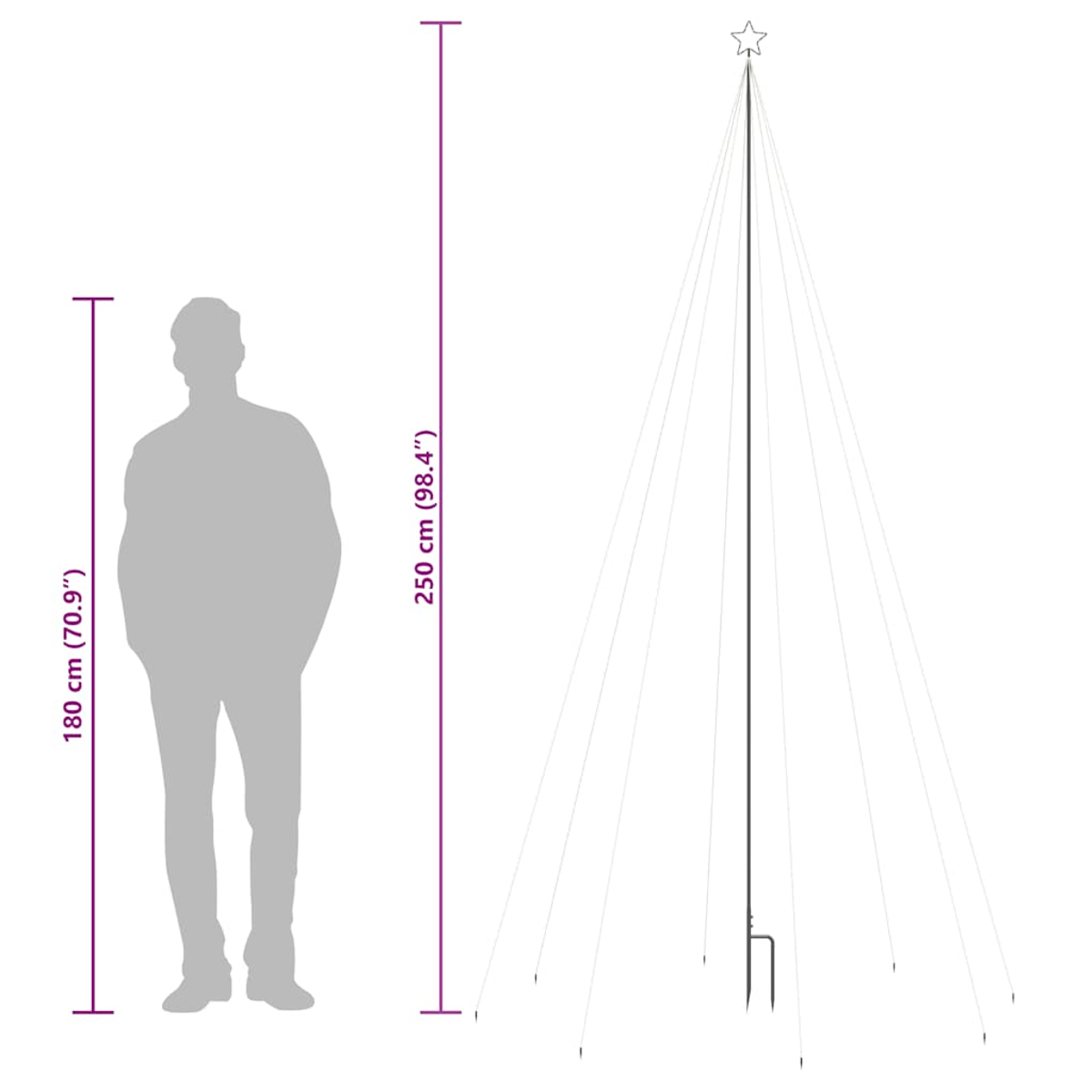Ein Mann (180 cm) neben einem 250 cm hohen Baumständer mit Stern.