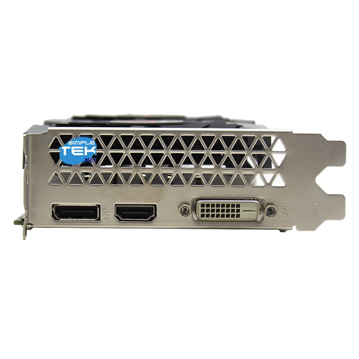 Karta graficzna z portami: 2x DisplayPort, 1x DVI. Siatkowa osłona wentylatora.