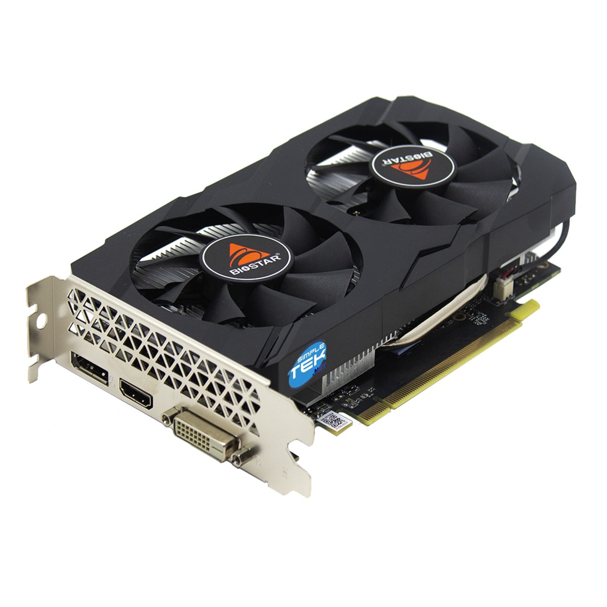 Czarna karta graficzna z dwoma wentylatorami i logo Biostar.